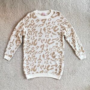 Pink Lily Leopard Print Long Sleeve Sweater Dress Size Medium Cream Tan Stretch
